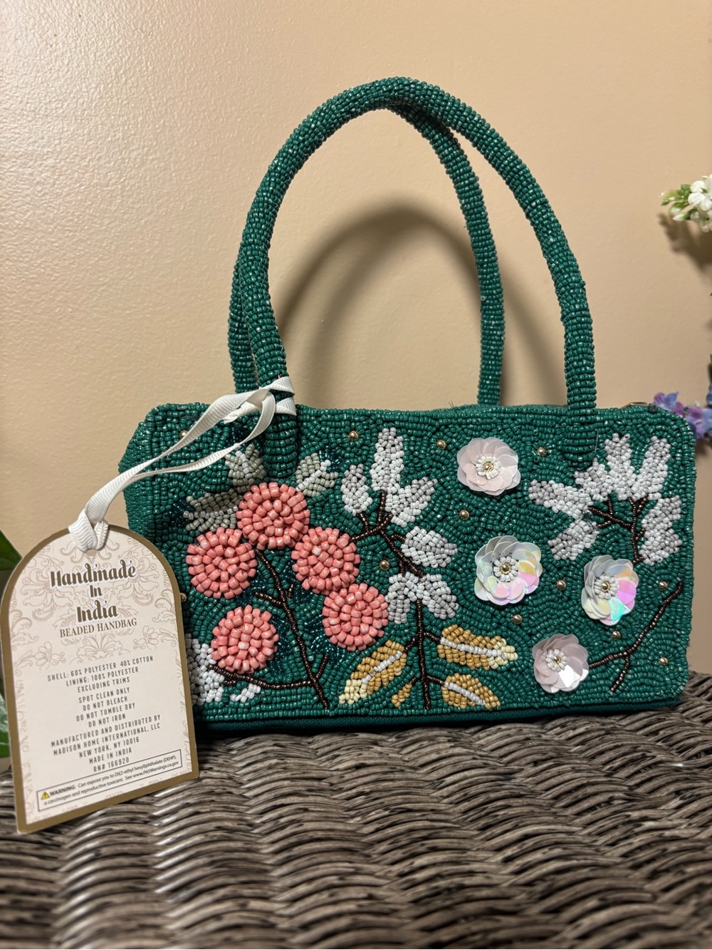 Handmade beaded Botanical Garden Emerald Green Beaded Mini Tote Handbag